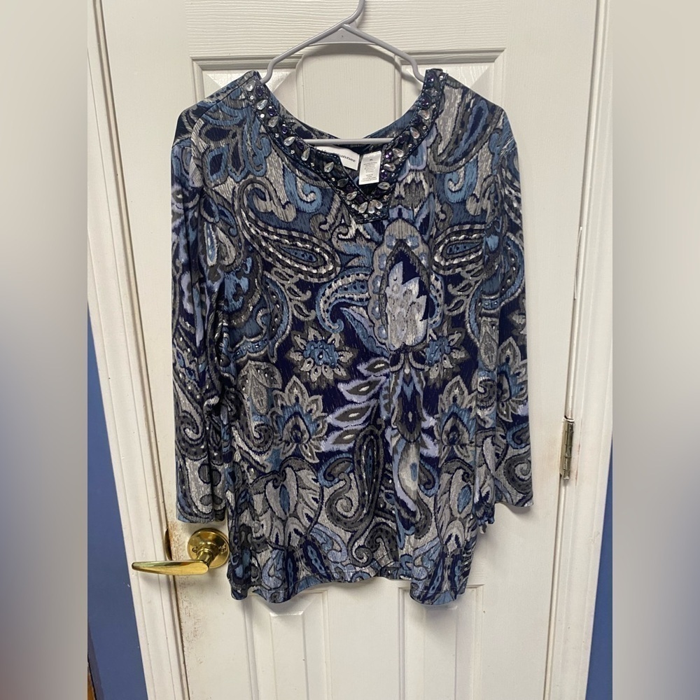 Alfred Dunner women’s scoop neck Paisley be print flattering top blouse size XL